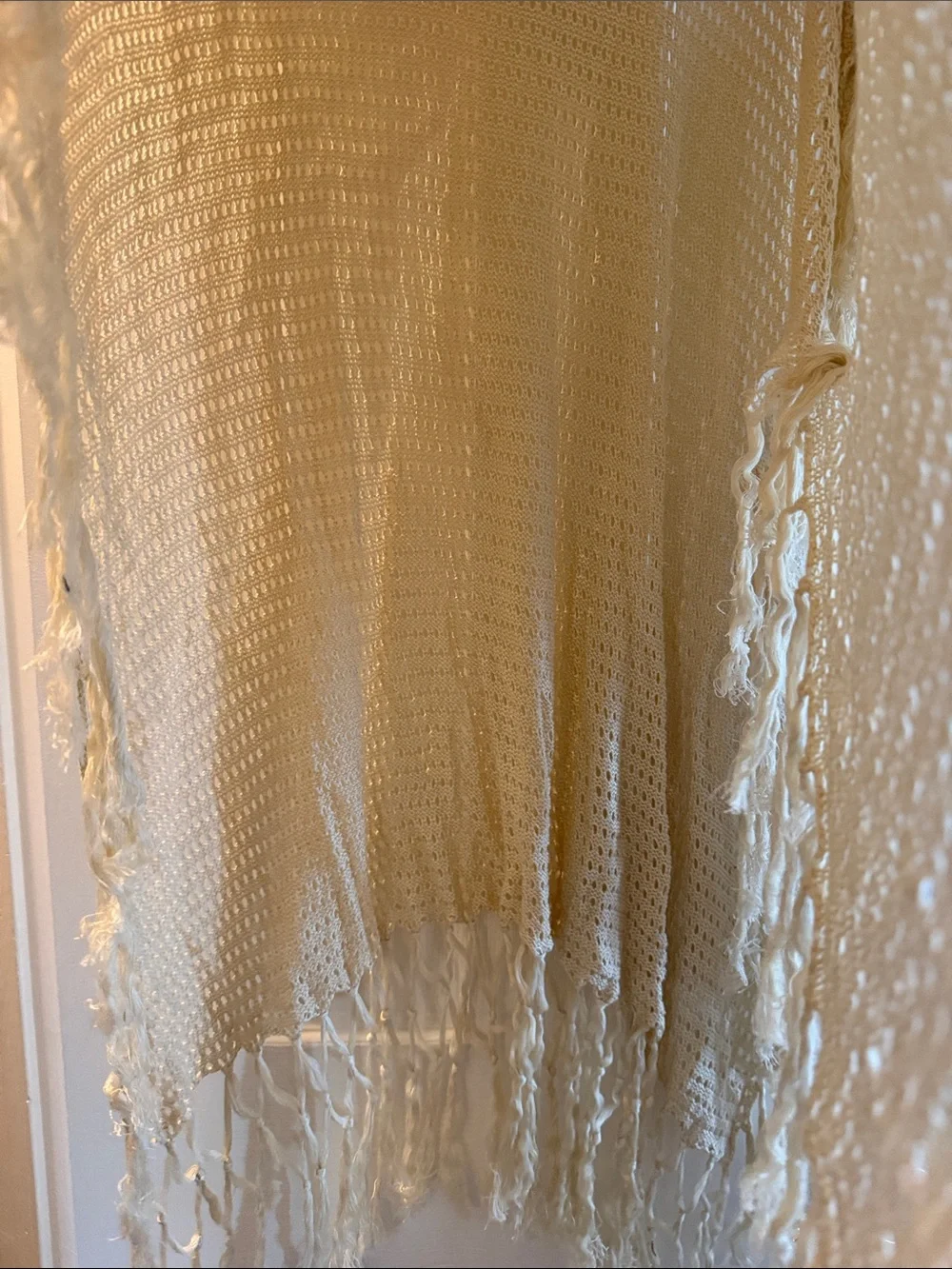Free People Cream Open-Knit Fringe Poncho Sweater